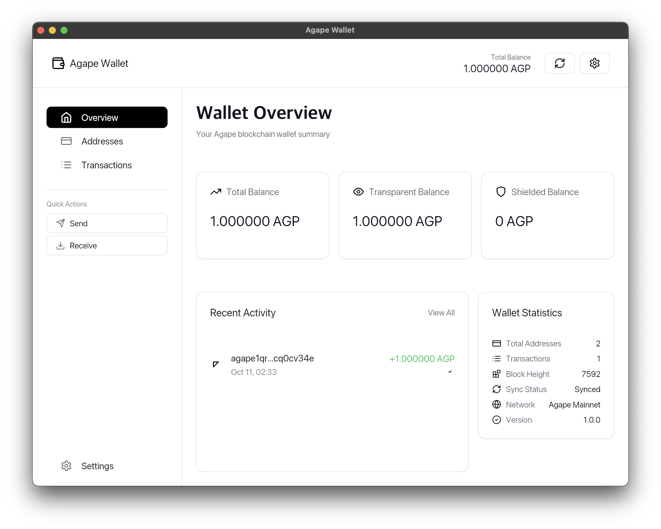 Agape Wallet - Privacy-enabled transaction interface